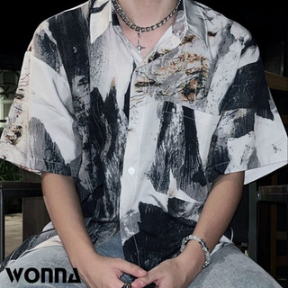 Áo sơ mi tay lở có cổ nam nữ họa tiết cây lá màu xanh trắng unisex street style Hàn harajuku mặc đi biển nhiệt đới