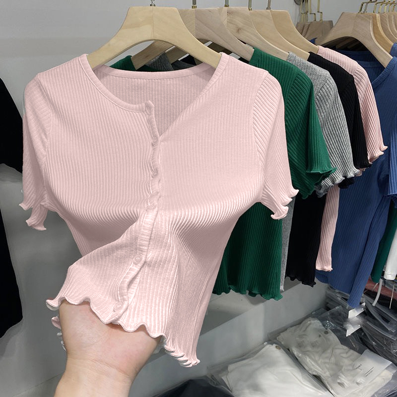 Áo Thun Cardigan Ngắn Tay Cổ Tròn Phối Viền Bèo Dáng Ôm Body Thời Trang Sugal TOP NU 077V2