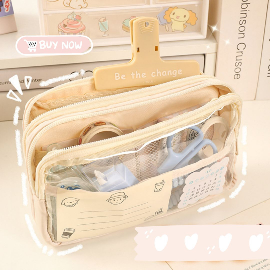 Túi đựng bút bóp viết trong suốt 2 ngăn khóa kéo chống thấm nước cao cấp màu pastel đáng yêu cho học sinh sinh viên