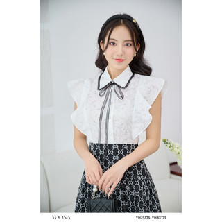 Áo sơ mi trắng cánh tiên phối viền cổ đen chất thô hoa YOONA - YH2S175