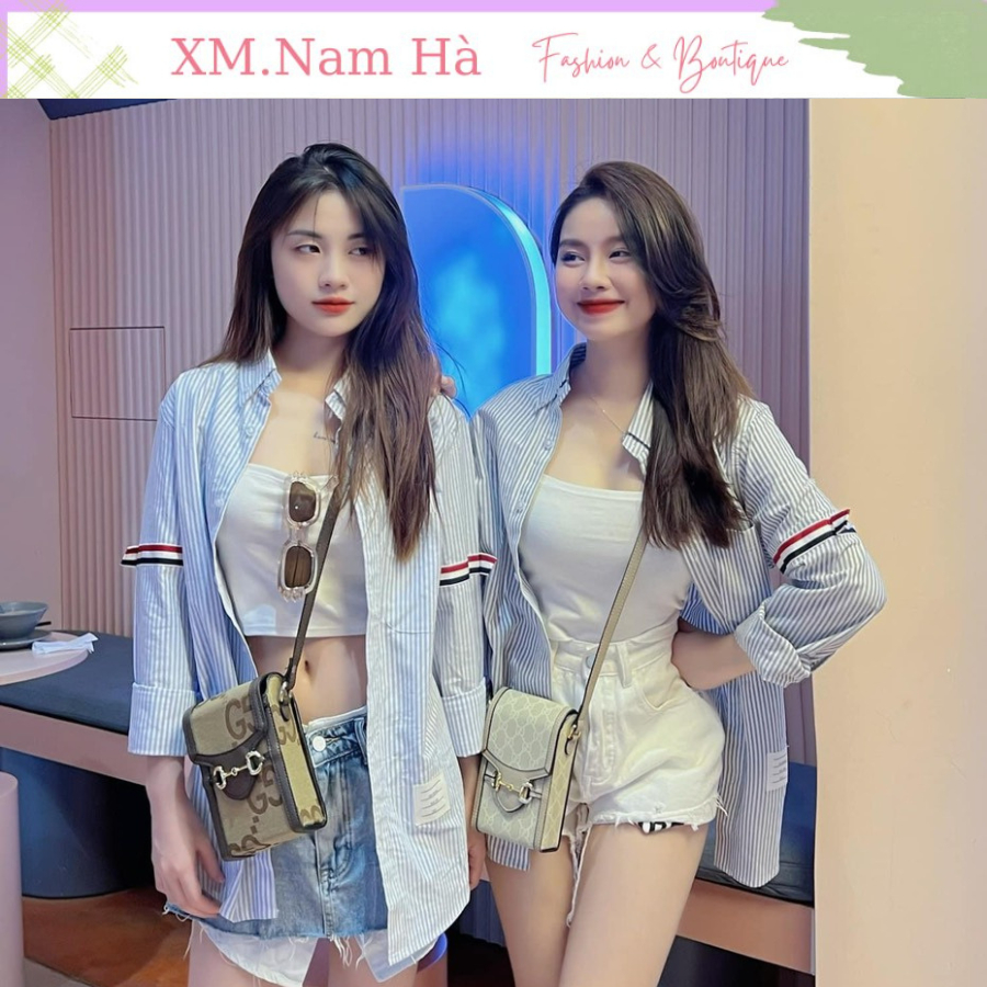 Áo sơ mi kẻ tay nữ màu xanh phong cách trẻ trung đường may cẩn thận chất vải mềm đẹp