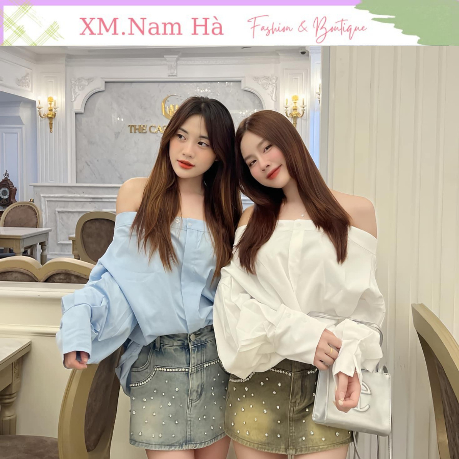 ÁO SƠ MI TRỄ VAI NỮ DUYÊN DÁNG NHẸ NHÀNG 2 MÀU TRẮNG VÀ XANH ĐẸP