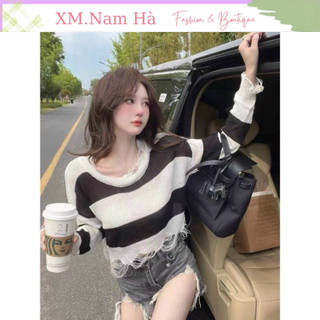Áo len croptop cho nữ hàng quảng châu xịn sò phối đen trắng hothit