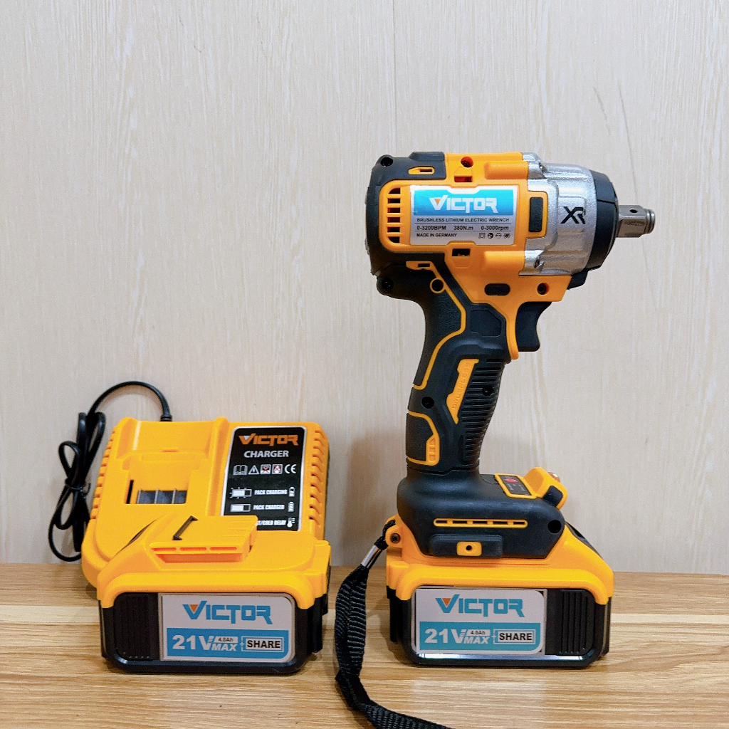 Máy Siết Bulong Victor - Động Cơ Không Chổi Than, Lực Siết 380N, 2 Pin 10 Cell, Tặng Kèm Phụ Kiện