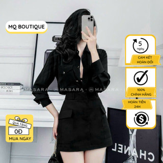 Áo sơ mi nữ lụa tay dài trơn đen khuy vàng có túi ngực thiết kế sang trọng cao cấp, áo sơmi thiết kế MQ Boutique