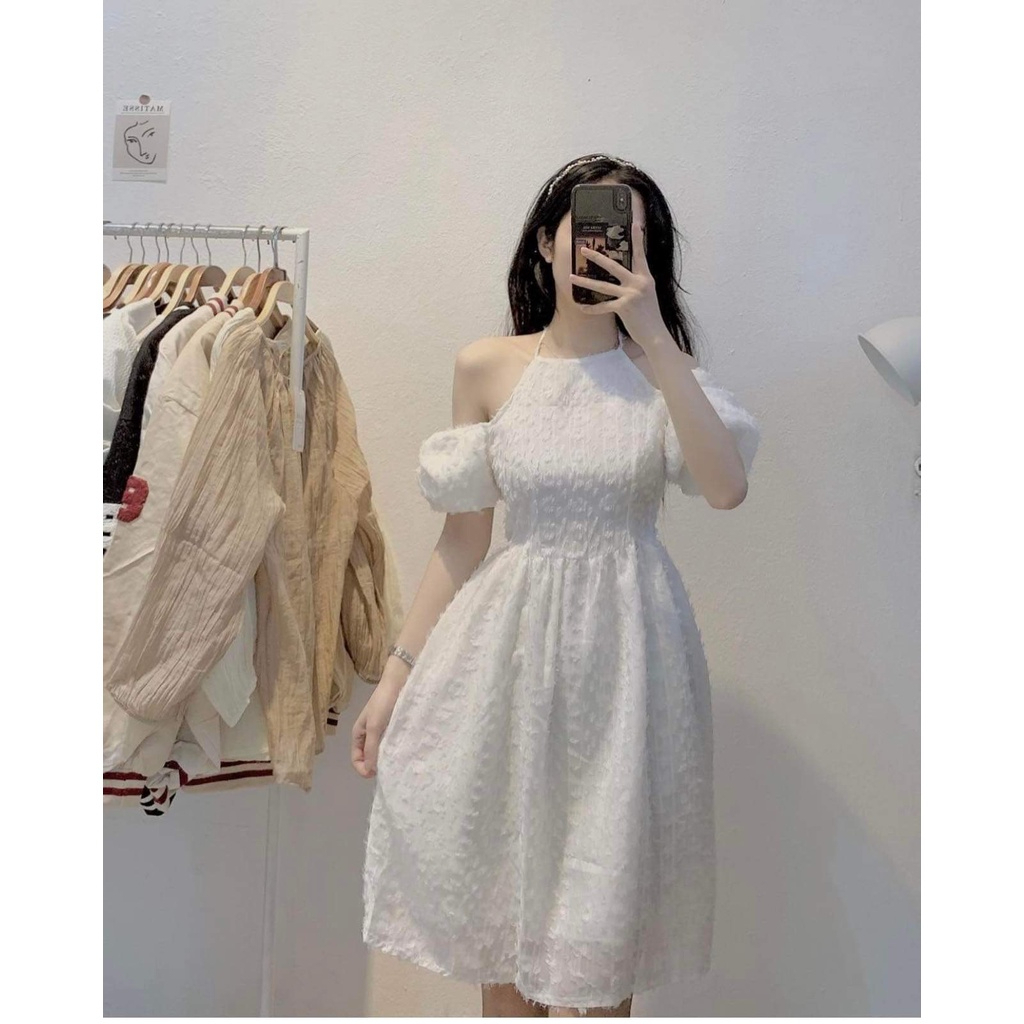 Đầm trễ vai cổ yếm chất ren lông- váy babydoll nữ dáng xòe tay bồng công chúa dự tiệc đi chơi đám cưới hàn quốc ulzzang