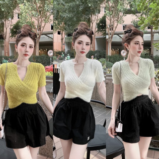 Xả hàng - Áo len lông vạt chéo dây xích cổ, Áo kiểu mỏng croptop AL8819 - NhiNhi Shop