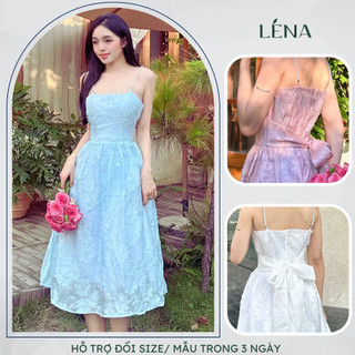 Đầm 2 dây ren hoa nổi nơ bản to sau lưng LENA, có sẵn mút 3 màu pastel tôn dáng - D3015
