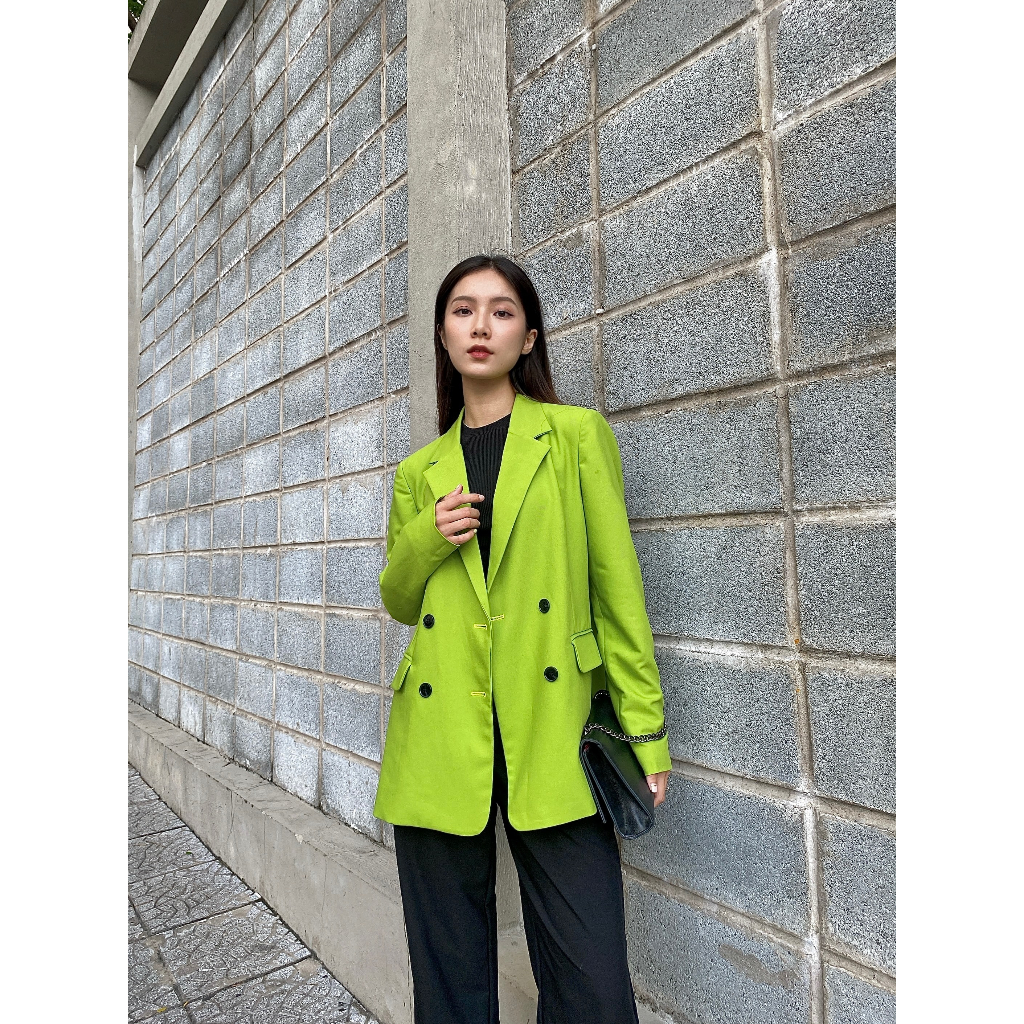 Áo vest nữ blazer KHÀN áo khoác nữ màu xanh lá cá tính thời thượng 4 nút 2 lớp phong cách Hàn Quốc