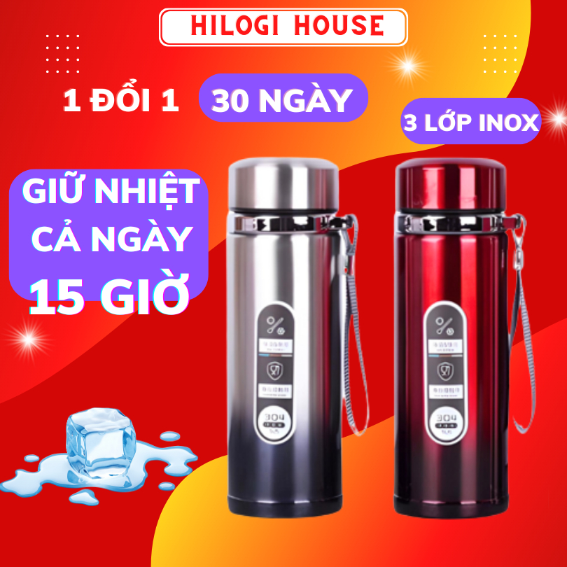 Bình nước giữ nhiệt 1 lít Hilogi giữ lạnh 18 giờ , giữ nóng 10 giờ , có dây treo và khay lọc trà