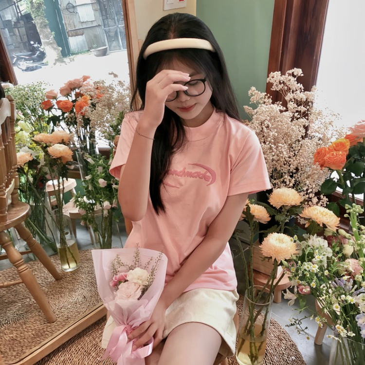Áo thun baby tee hồng thun dáng ngắn nữ hot trend mùa hè y2k ngắn tay phông cổ tròn hồng trắng hoa tuylip
