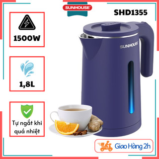 Ấm Siêu Tốc Inox 2 Lớp SUNHOUSE SHD1355 - Dung tích 1.8L,Công suất 1500W,Tay cầm cách nhiệt,Tự động ngắt khi quá nhiệt