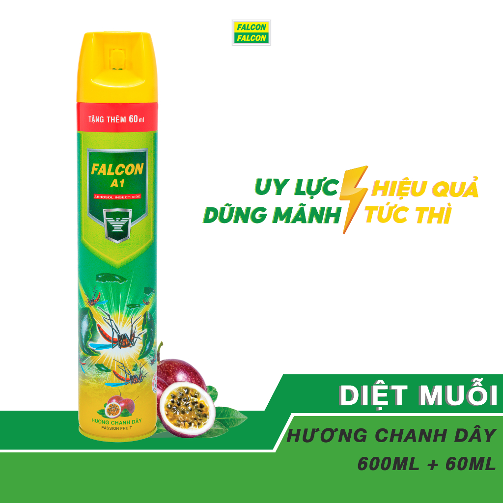 Bình xịt muỗi FALCON XANH 600ml hương chanh dây + Tặng thêm 60ml