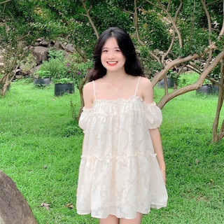 Váy nữ công chúa trễ vai tay bồng chất ren 2 lớp- đầm babydoll nữ 2 dây dáng xòe màu be thời trang hàn quốc