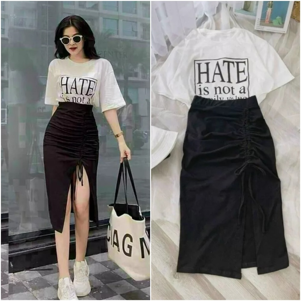 Set đầm nữ chân váy đen rút lửng xẻ tà và áo thun trắng ngắn tay in chữ sành điệu
