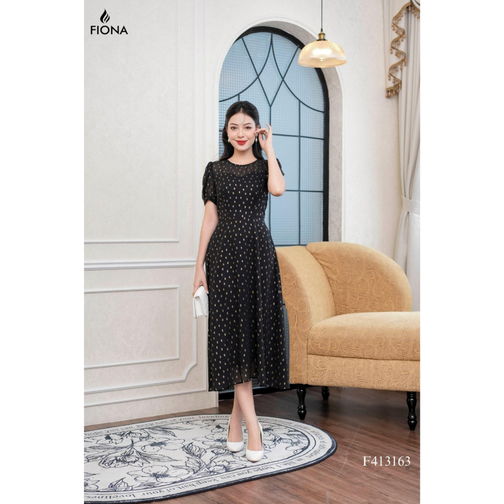 Đầm công sở nữ FIONA váy thiết kế cao cấp dáng xòe chấm bi ánh nhũ kim tuyến,cúp ngực thân trên và tay 1 lớp F413163