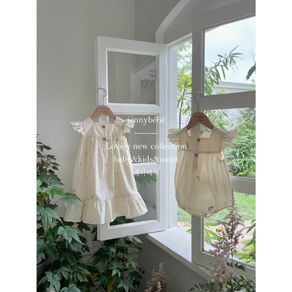 Bodysuit và đầm Jenny bebe kem tay cánh tiên thêu hoa hồng bé gái