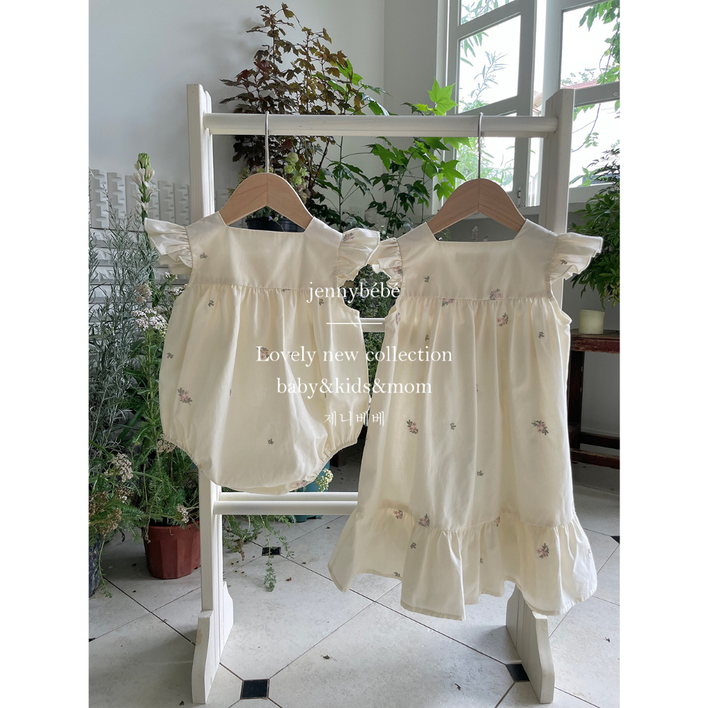 Bodysuit và đầm Jenny bebe kem tay cánh tiên thêu hoa hồng bé gái