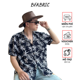 Áo sơ mi nam BFABRIC vải lanh thái, thoáng mát, thấm hút, không nhăn, Sơ mi học tiết dừa xanh trắng
