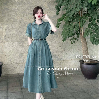 Đầm sơ mi jean dáng xòe dài gài nút kèm đai eo thời trang!
