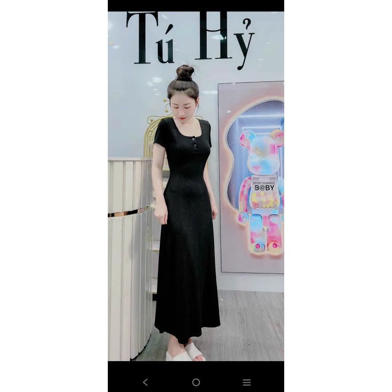 đầm maxi phối nút thun gân mịn đẹp