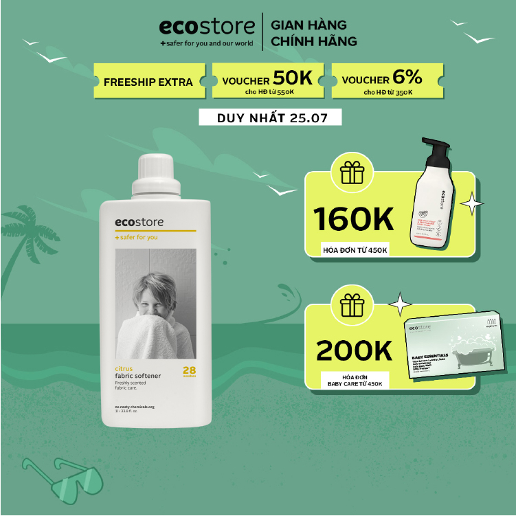 Nước xả bền vải gốc thực vật ECOSTORE 1L sạch khuẩn dịu da-bền vải(Citrus Fabric Softener)hương cam quýt