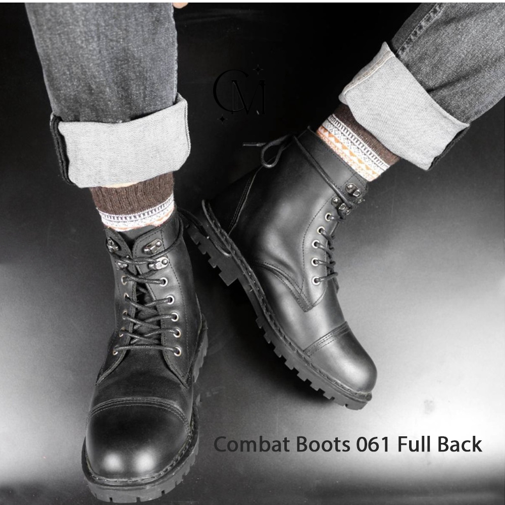 Giày Combat Boots 061 Full Black Đế Cao 3,5cm MC Shose Da Bò Sáp Đen Nhập Khẩu Đế Khâu Chắc Chắn BH 12 Tháng