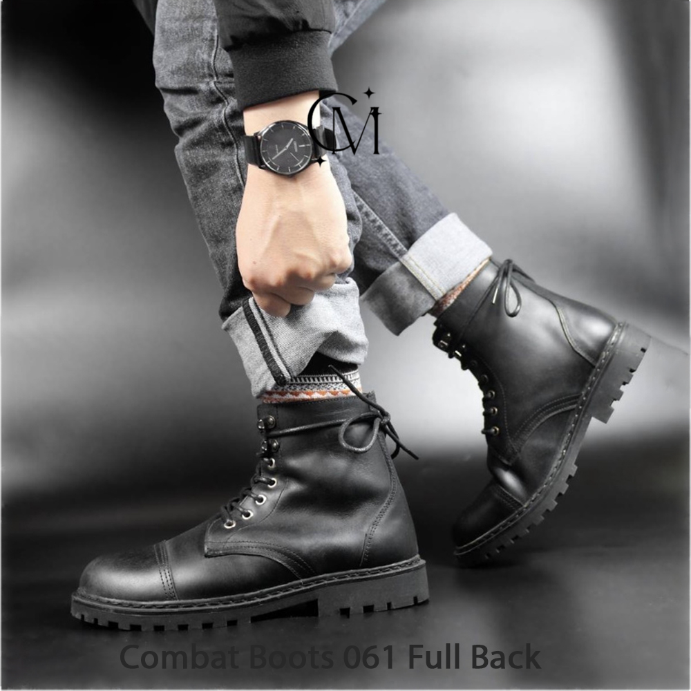 Giày Combat Boots 061 Full Black Đế Cao 3,5cm MC Shose Da Bò Sáp Đen Nhập Khẩu Đế Khâu Chắc Chắn BH 12 Tháng