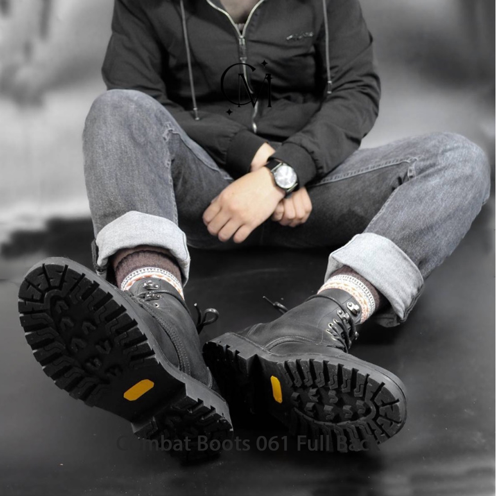 Giày Combat Boots 061 Full Black Đế Cao 3,5cm MC Shose Da Bò Sáp Đen Nhập Khẩu Đế Khâu Chắc Chắn BH 12 Tháng