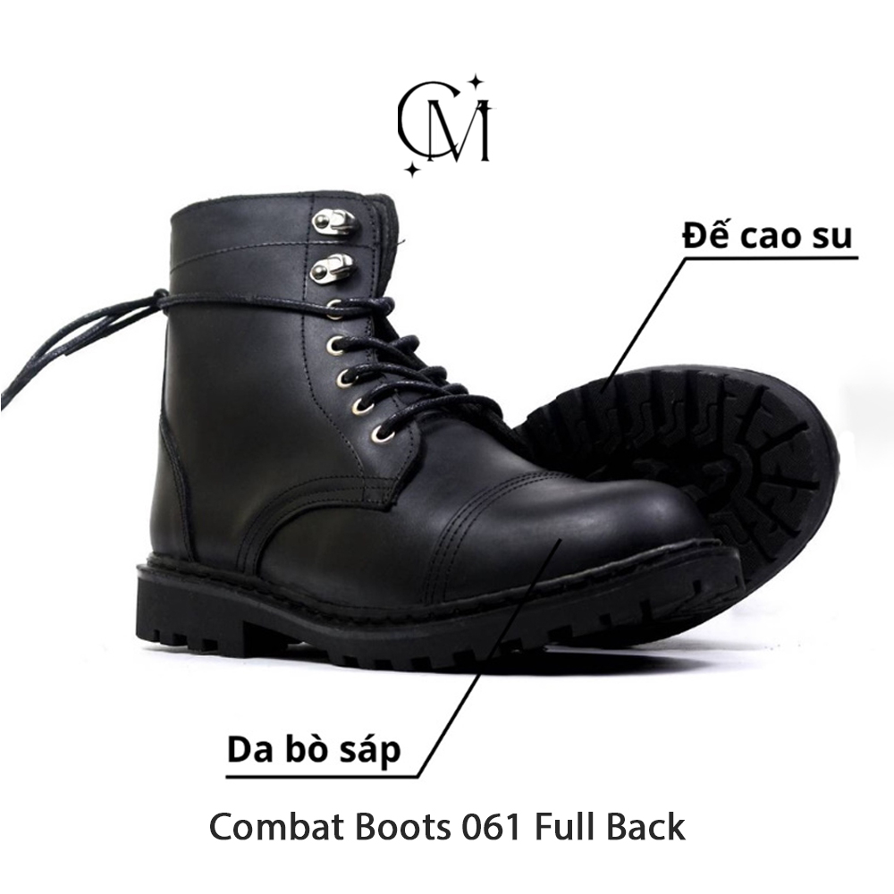 Giày Combat Boots 061 Full Black Đế Cao 3,5cm MC Shose Da Bò Sáp Đen Nhập Khẩu Đế Khâu Chắc Chắn BH 12 Tháng