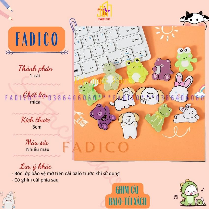 Ghim cài balo túi xách,Sticker cài áo, Pin cài balo hình ẾCH VÀ CHÓ dễ thương,kích thước 3-5cm nhựa acrylic-FADICO