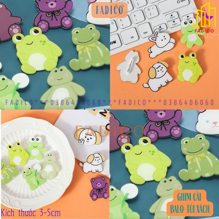 Ghim cài balo túi xách,Sticker cài áo, Pin cài balo hình ẾCH VÀ CHÓ dễ thương,kích thước 3-5cm nhựa acrylic-FADICO