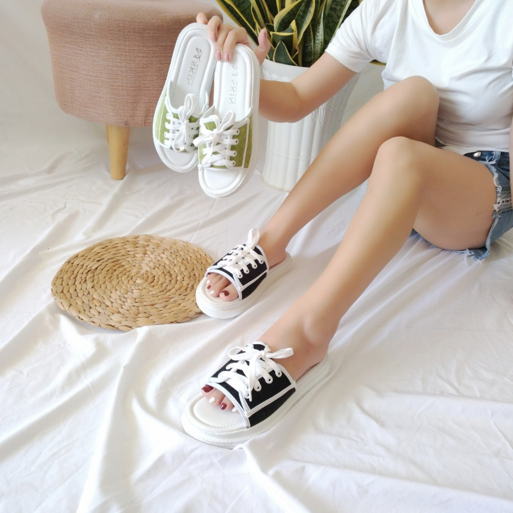Dép quai ngang nữ dáng thể thao buộc dây đế bánh mì dày dặn 3cm thời trang sành điệu