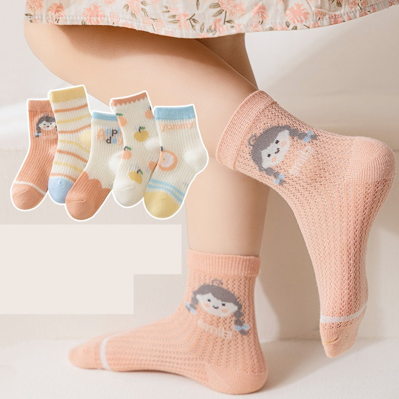 Set 5 đôi tất lưới mùa hè thu cho bé gái chất siêu mỏng nhẹ cotton hình ngộ nghĩnh