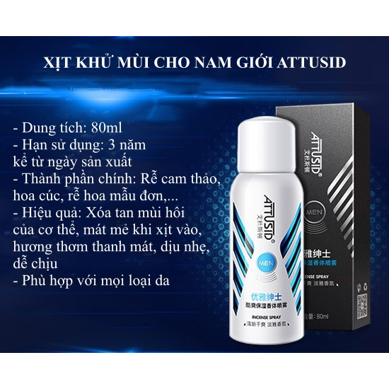Xịt khử mùi mồ hôi toàn thân cho nam giới, ngăn mùi mồ hôi, khô thoáng body, mùi thơm, dạng xịt 80ml SPT11001