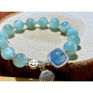 Vòng đá Green Larimar vs đá Aquamarine mix charm bạc. Hợp mệnh Thủy - Mộc