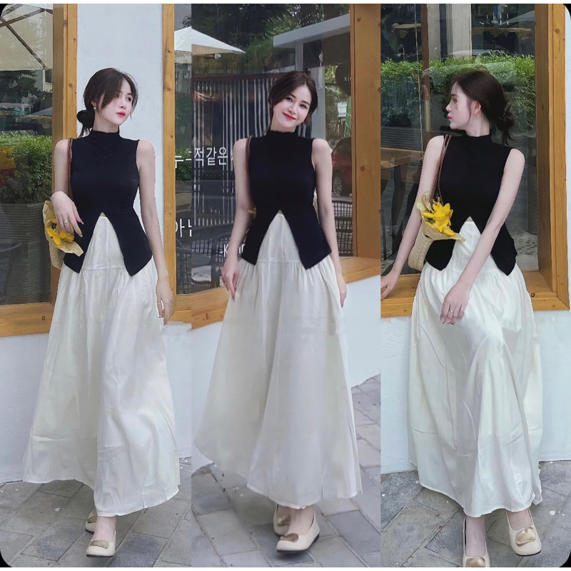 SET áo zip đen XẺ EO cổ trụ mix chân váy đũi sần dáng dàng 2 lớp dày dặn phong cách Hàn Quốc tiểu thư sang chảnh