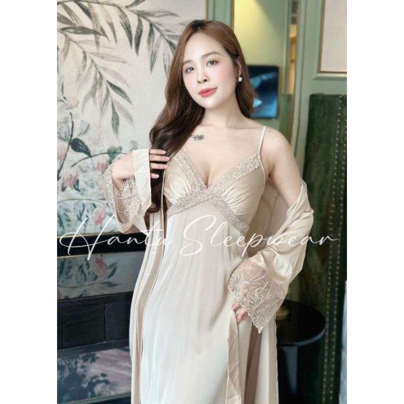 Set áo choàng kèm váy ngủ lụa phối ren Lưới Nhật cao cấp Hantu Sleepwear chụp hình cưới,makeup cô dâu đủ màu