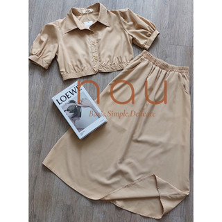 Set áo sơ mi crop chân váy xoè midi