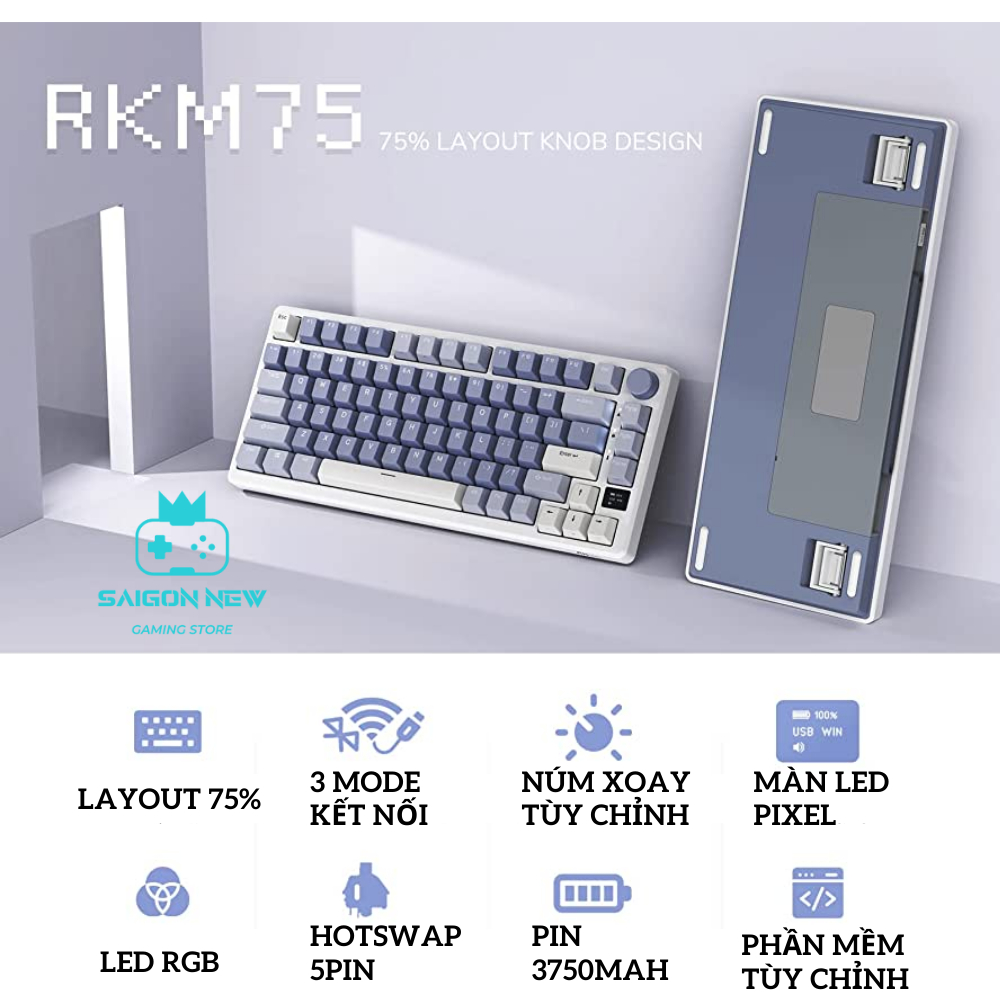 Bàn phím cơ không dây Hotswap RK ROYAL KLUDGE M75 - Thiết kế mạch xuôi - Keycap PBT double shot - Có núm xoay và màn led | BigBuy360 - bigbuy360.vn