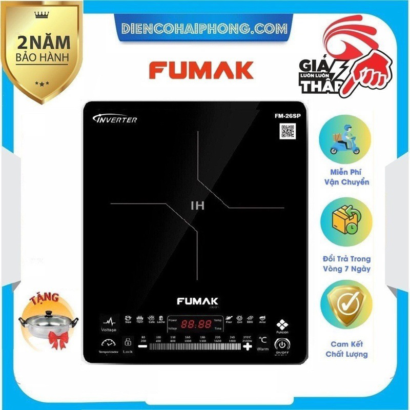 Bếp từ đơn Fumak Inverter FM 26SP tặng kèm nồi inox size 30cm, dùng để nấu nướng, ăn lẩu, bảo hành chính hãng 24tháng