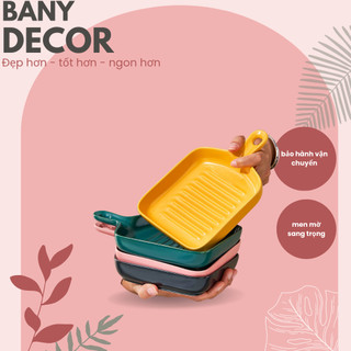 Đĩa Gốm Nướng Tay Cầm Vân Sọc - Nướng Bánh Mỳ, Beefsteak - Nhiều Màu Phong Cách Tối Giản - Bảo Hành Vận Chuyển - Bany De