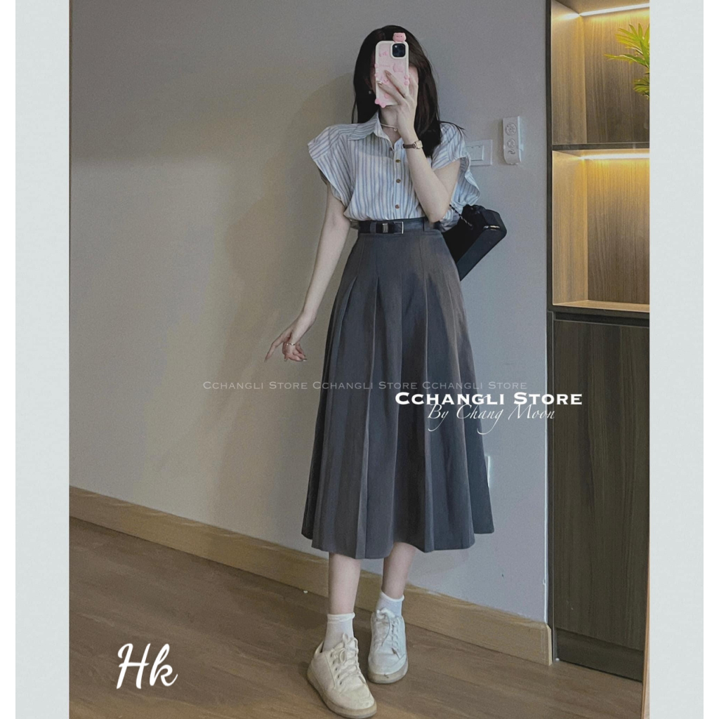 Set áo sơ mi kẻ trẻ trung xinh đẹp kết hợp chân váy dài tuyết mưa lên form cực chuẩn - Thời Trang Bảo Trang - Hk7.65