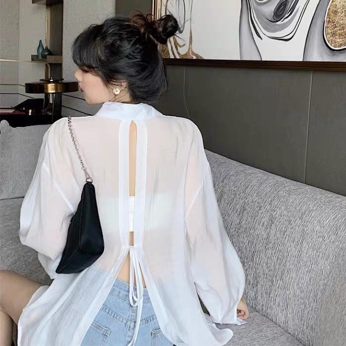 Áo sơ mi voan tay phồng khoác ngoài mặc đi biển - đi du lịch - Thiết kế Form rộng tay dài, chất vải voan tơ mỏng nhẹ