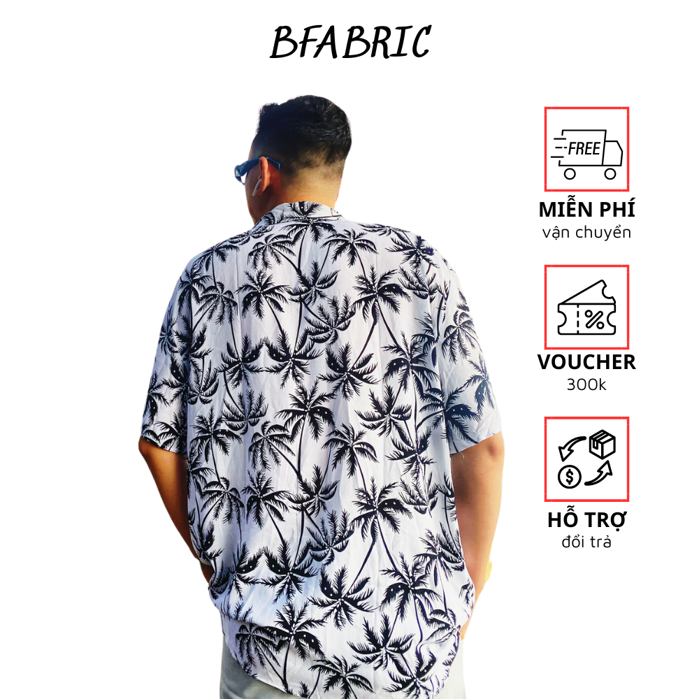 Áo sơ mi nam BFABRIC vải lanh thái, thoáng mát, thấm hút, không nhăn, Sơ mi họa tiết dừa đen trắng