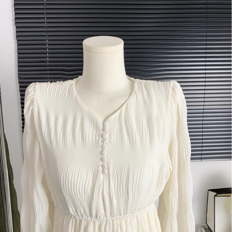 Na.Ha_Váy xuông dài cổ V dáng dài thắt eo tay xoè tiểu thư