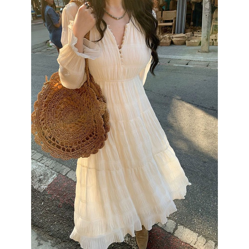 Na.Ha_Váy xuông dài cổ V dáng dài thắt eo tay xoè tiểu thư