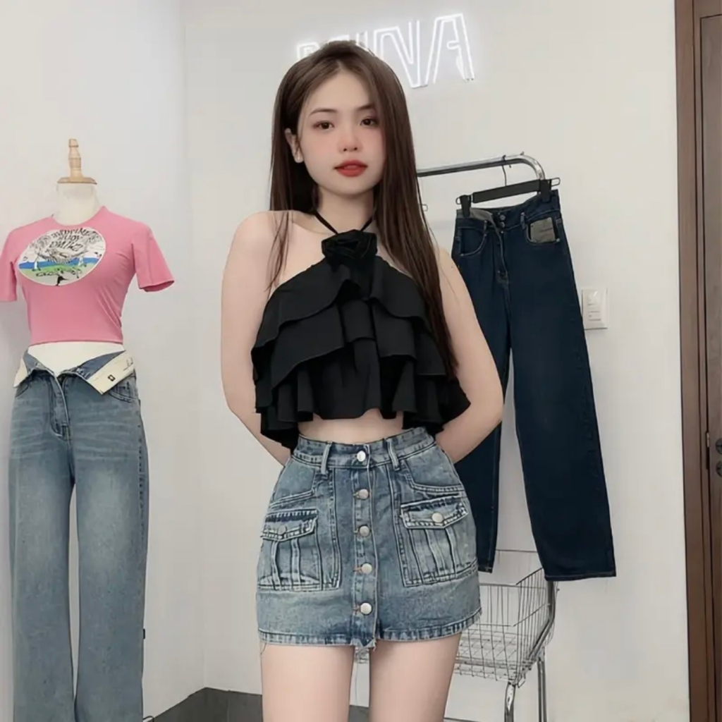 Chân Váy Jeans Kèm Lót Trong Phối Túi Hộp 5 Cúc Chất Q.C