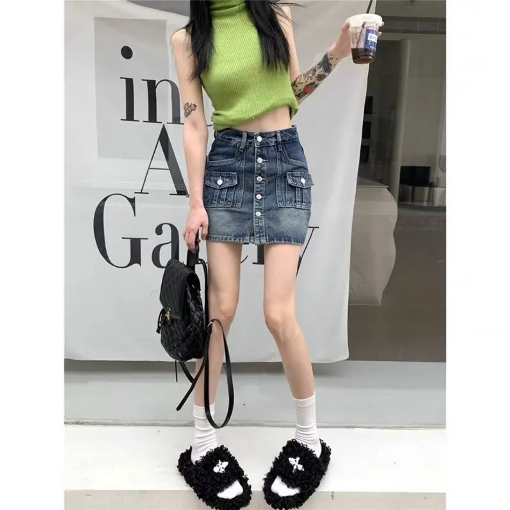 Chân Váy Jeans Kèm Lót Trong Phối Túi Hộp 5 Cúc Chất Q.C
