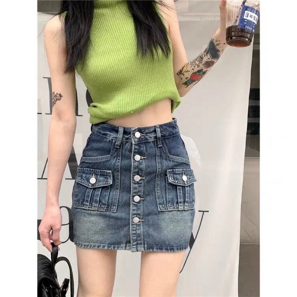 Chân Váy Jeans Kèm Lót Trong Phối Túi Hộp 5 Cúc Chất Q.C
